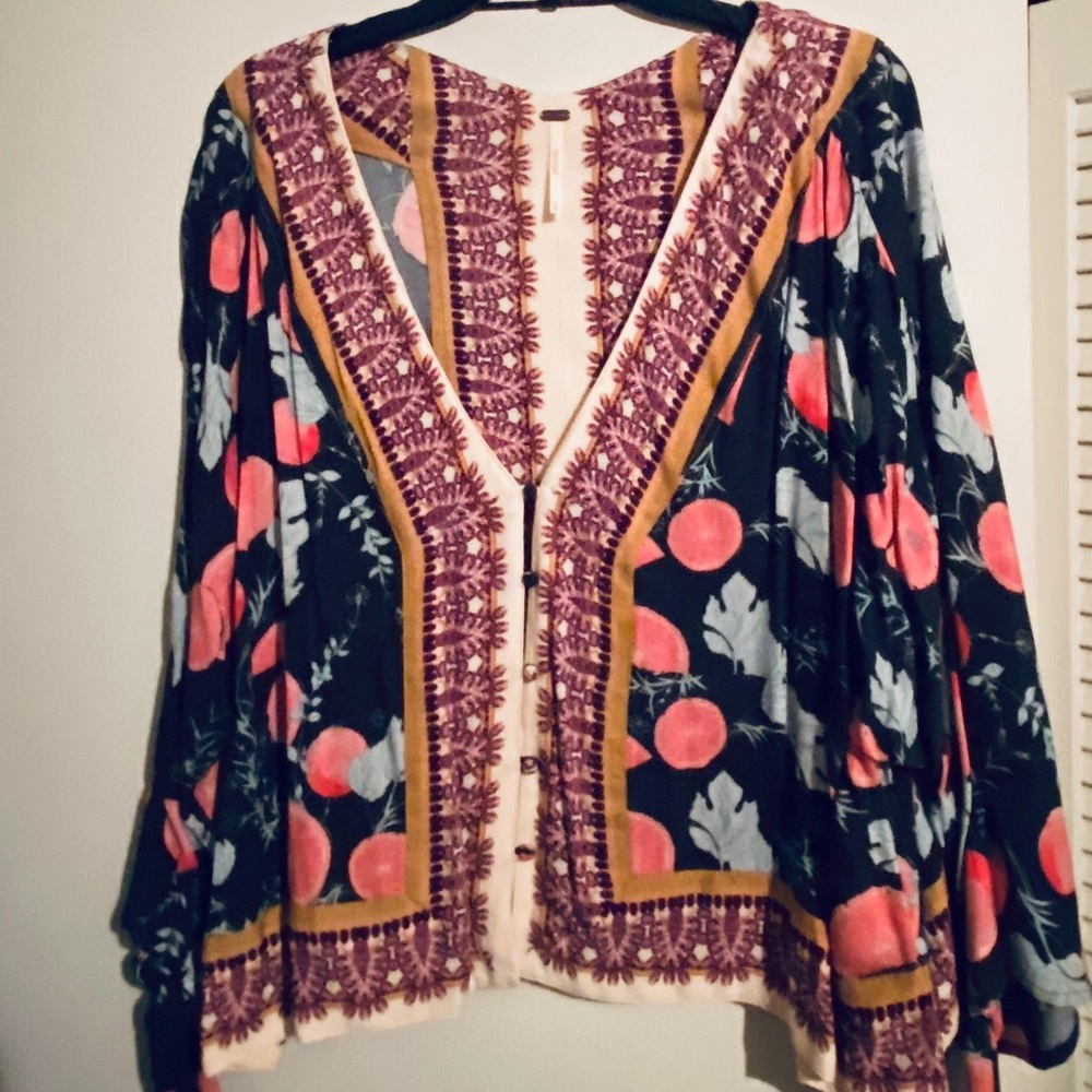 Free People Orange/Pink/Green Print Blouse